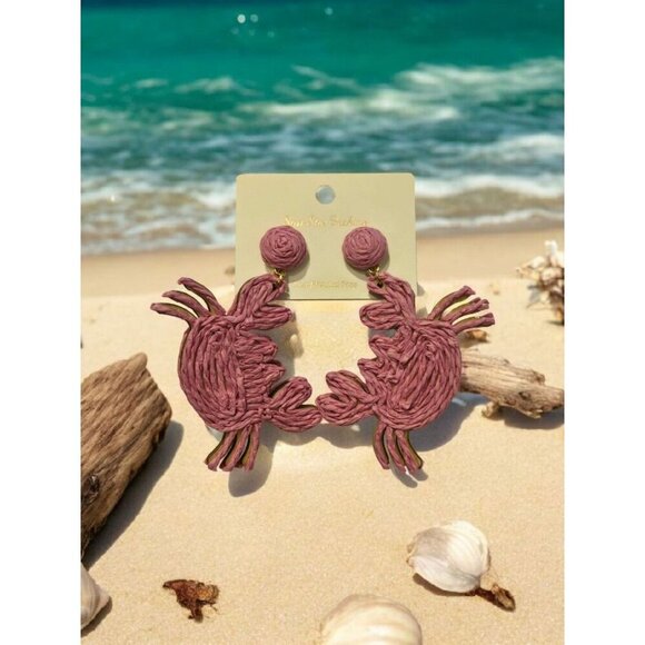 New PINK Rope Boho Chich Dead Sand Crab Drop Earrings Summertime Fashion Jewelry - Picture 1 of 2